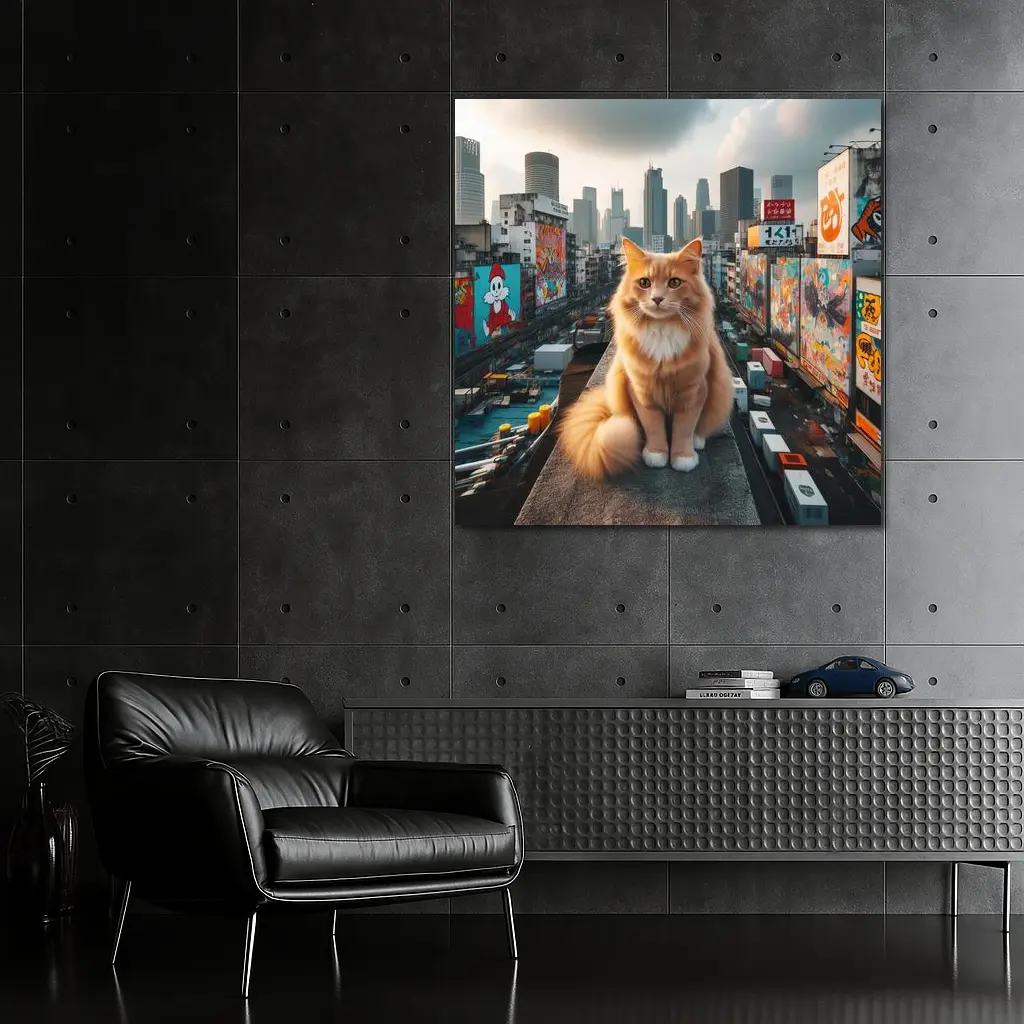 Orange Cat Sitting on Urban Rooftop Skyline – Wall Art