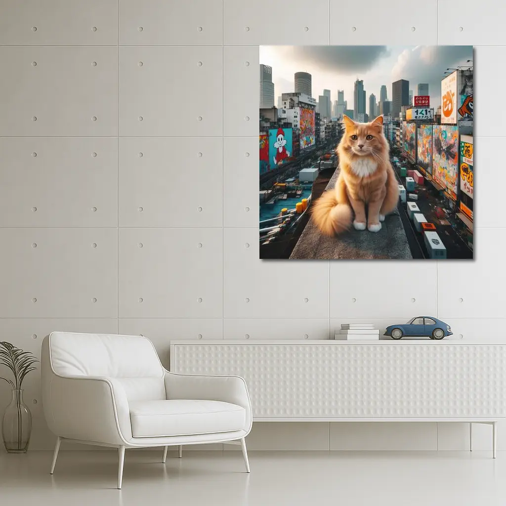 Orange Cat Sitting on Urban Rooftop Skyline – Wall Art