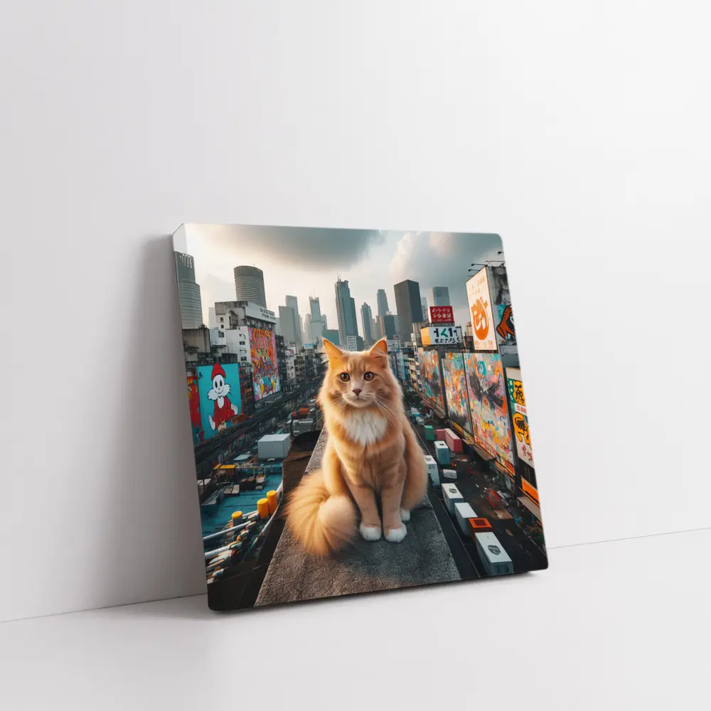 Orange Cat Sitting on Urban Rooftop Skyline – Wall Art