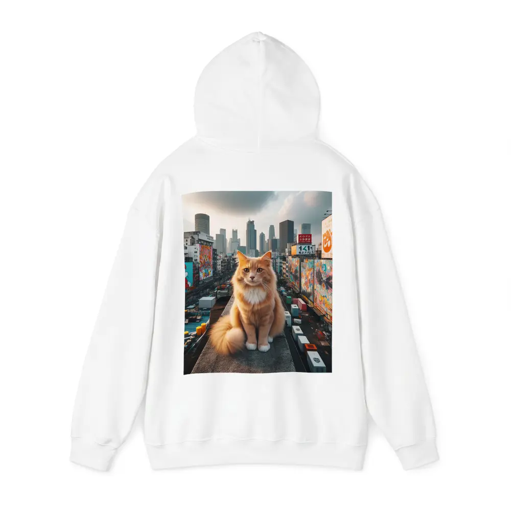Orange Cat Sitting on Urban Rooftop Skyline – Hoodies