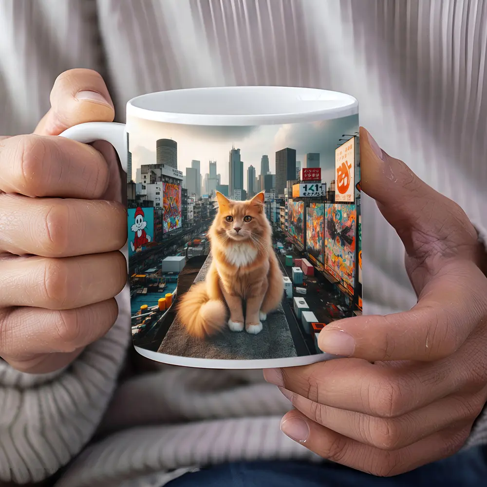 Orange Cat Sitting on Urban Rooftop Skyline – Mugs
