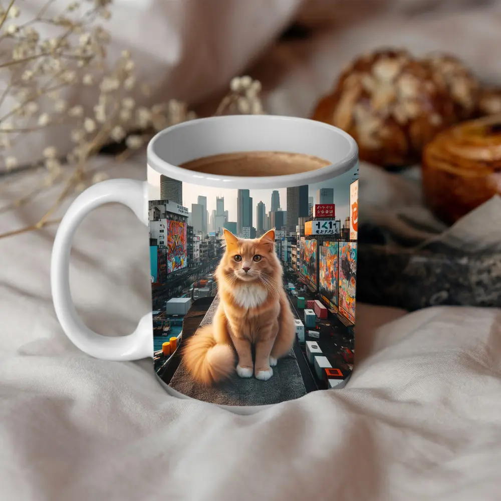 Orange Cat Sitting on Urban Rooftop Skyline – Mugs