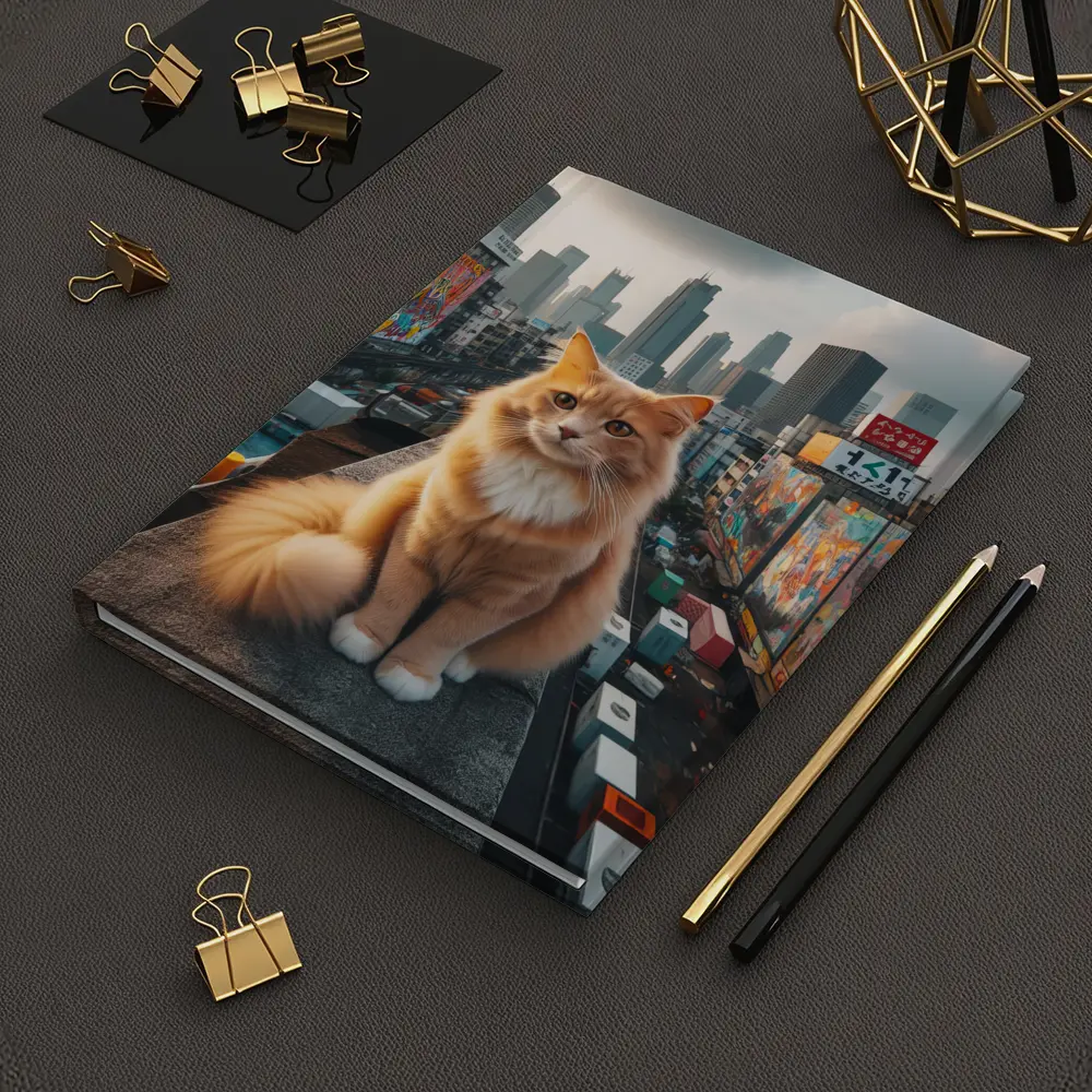 Orange Cat Sitting on Urban Rooftop Skyline – Notebooks