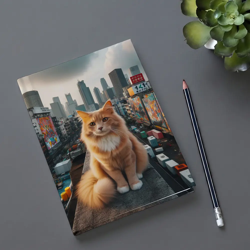 Orange Cat Sitting on Urban Rooftop Skyline – Notebooks