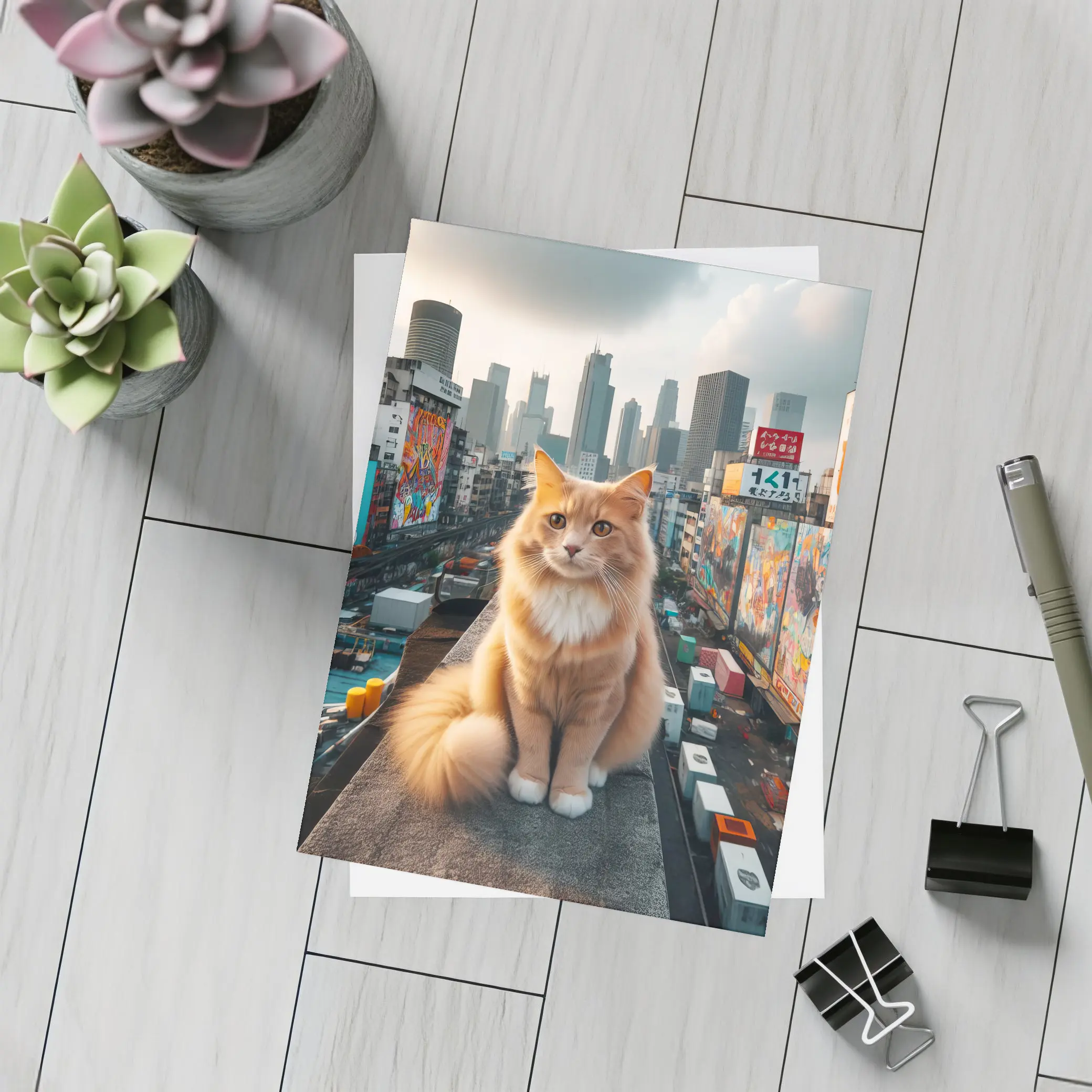Orange Cat Sitting on Urban Rooftop Skyline – Postcards