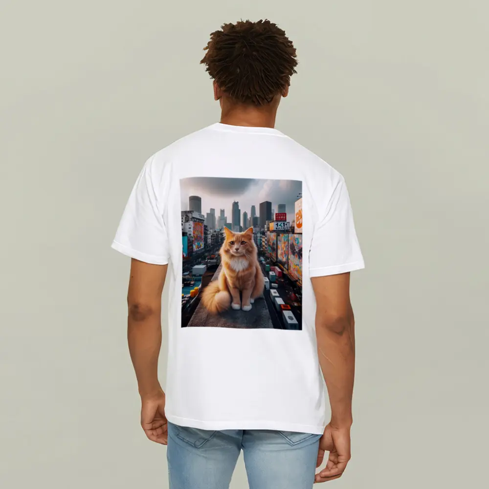 Orange Cat Sitting on Urban Rooftop Skyline – T-Shirts