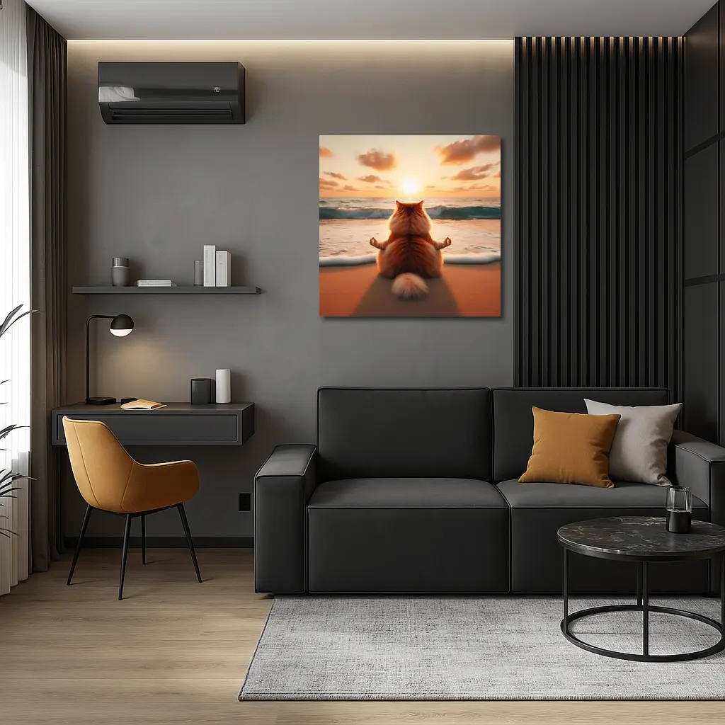 Fluffy Orange Cat Meditating Beach Sunset – Wall Art