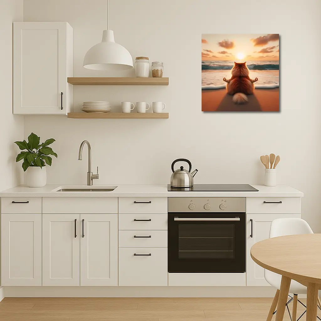 Fluffy Orange Cat Meditating Beach Sunset – Wall Art