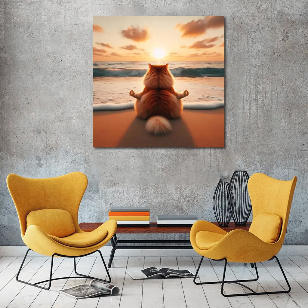 Fluffy Orange Cat Meditating Beach Sunset – Wall Art