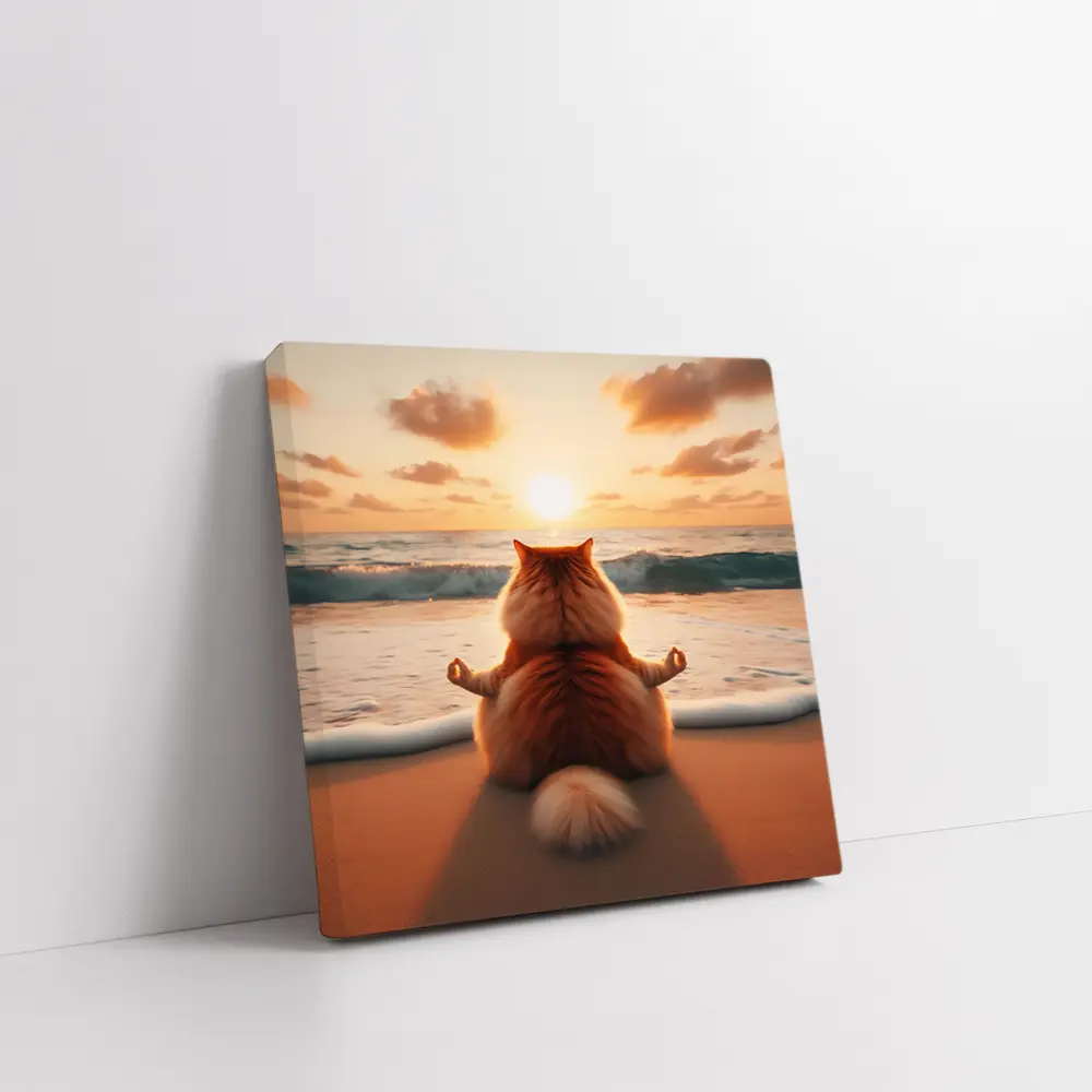 Fluffy Orange Cat Meditating Beach Sunset – Wall Art