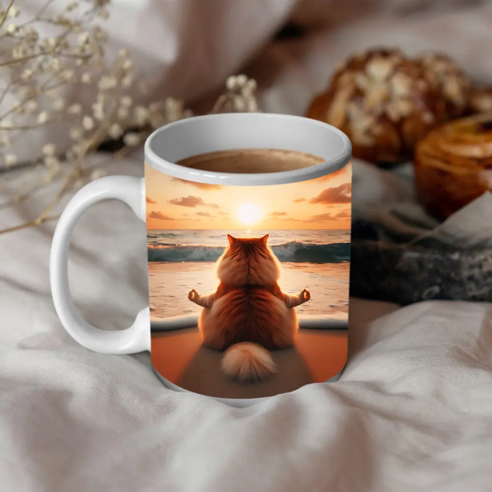 Fluffy Orange Cat Meditating Beach Sunset – Mugs