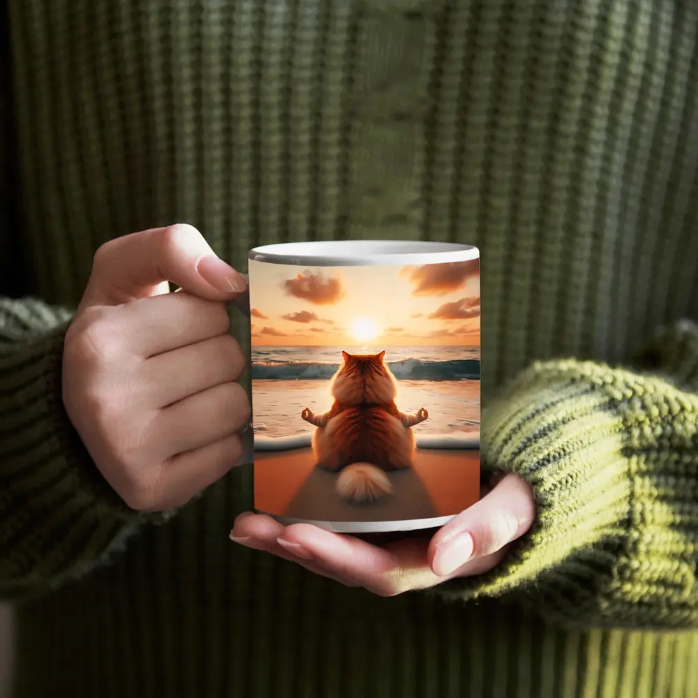 Fluffy Orange Cat Meditating Beach Sunset – Mugs