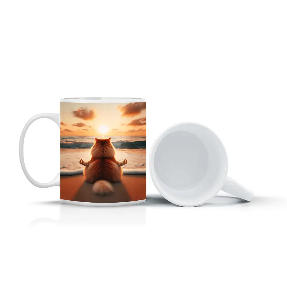 Fluffy Orange Cat Meditating Beach Sunset – Mugs