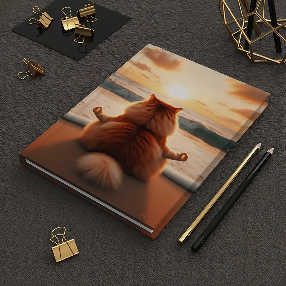Fluffy Orange Cat Meditating Beach Sunset – Notebooks