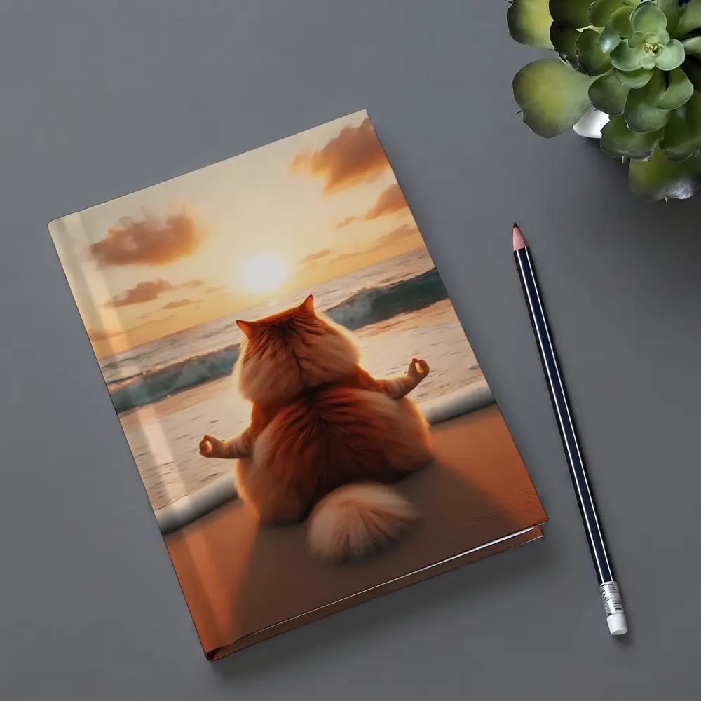 Fluffy Orange Cat Meditating Beach Sunset – Notebooks