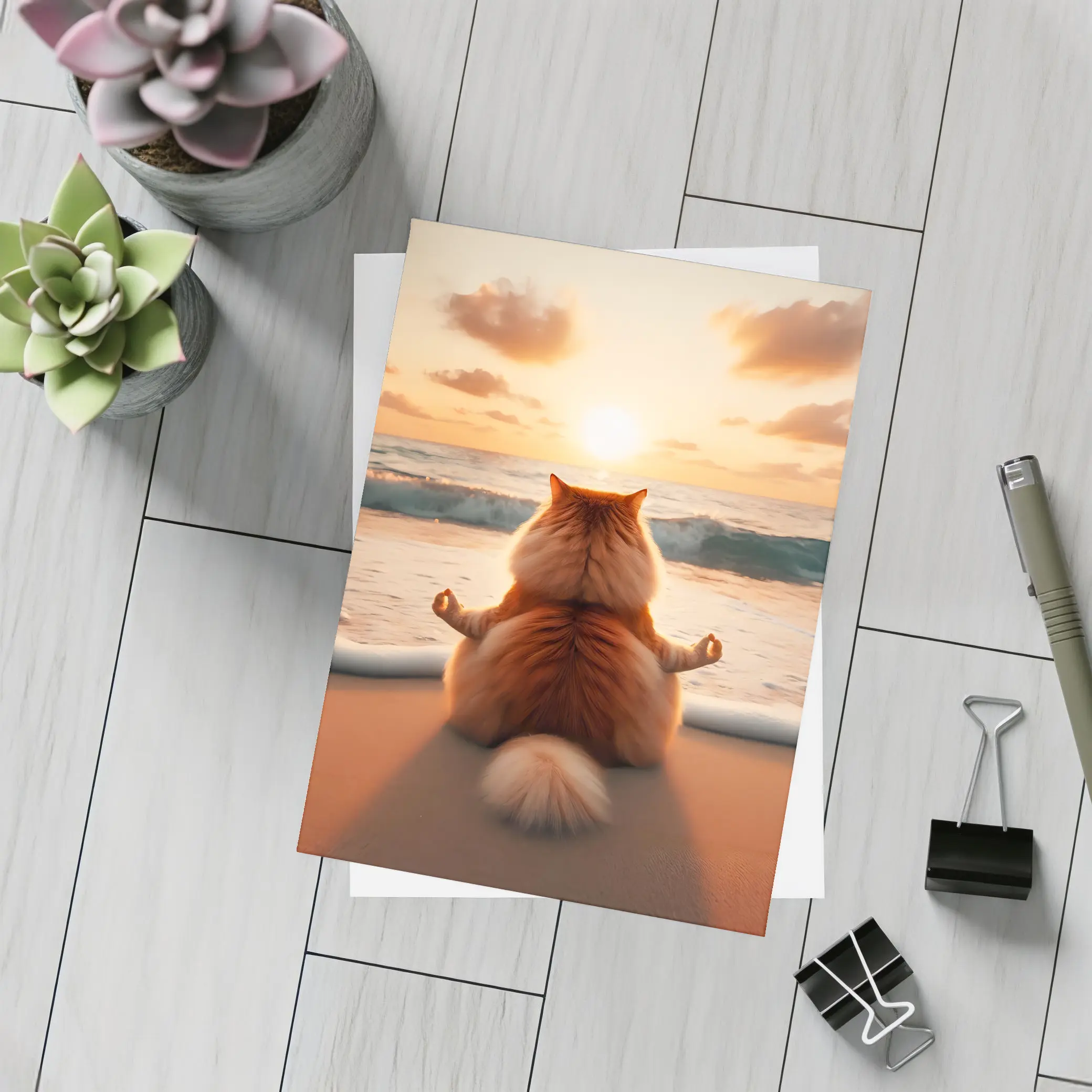 Fluffy Orange Cat Meditating Beach Sunset – Postcards