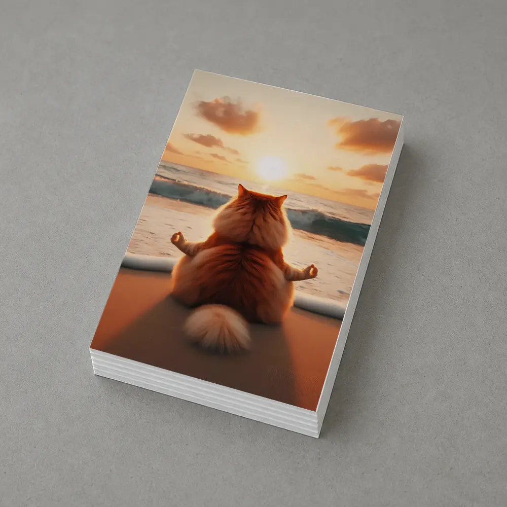 Fluffy Orange Cat Meditating Beach Sunset – Postcards