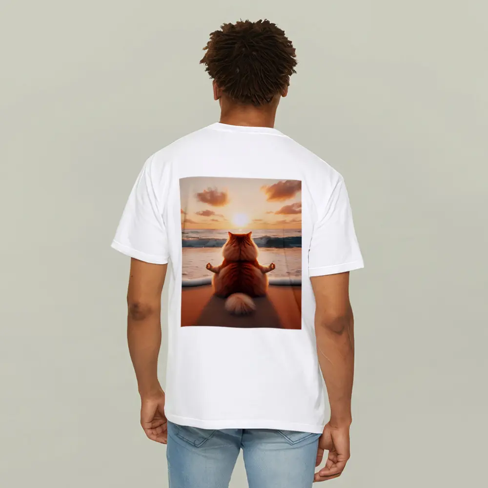 Fluffy Orange Cat Meditating Beach Sunset – T-Shirts