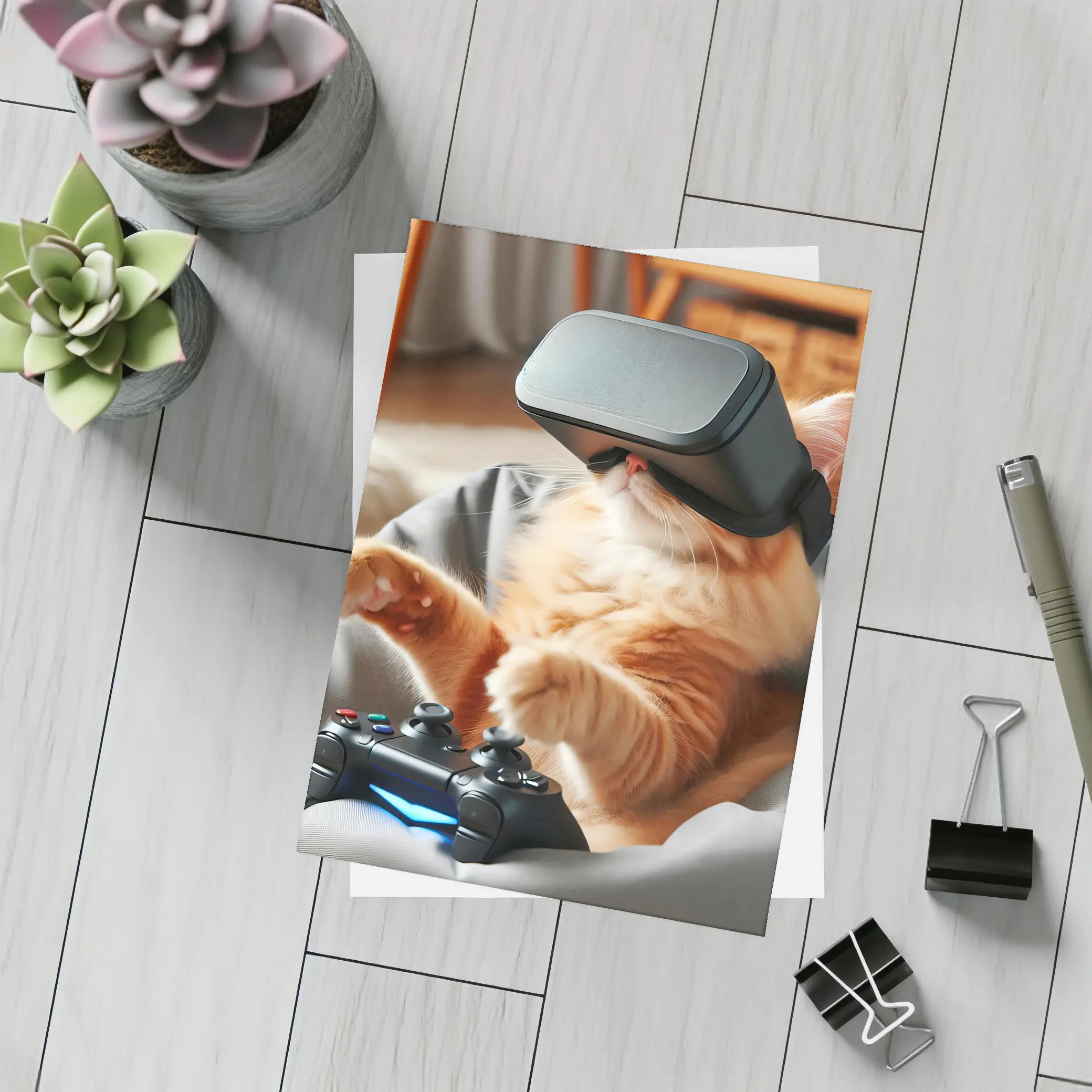 Orange Cat Gaming With VR Headset – Postcards