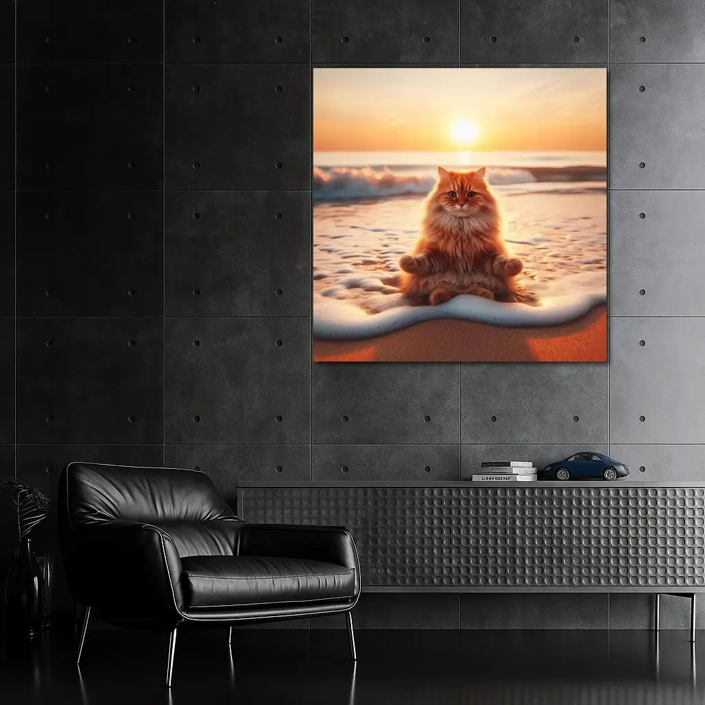 Orange Cat Meditating On Sunset Beach – Wall Art