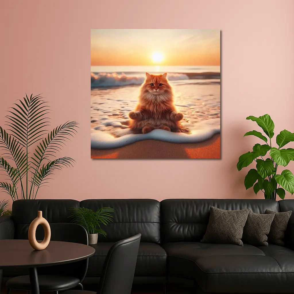 Orange Cat Meditating On Sunset Beach – Wall Art