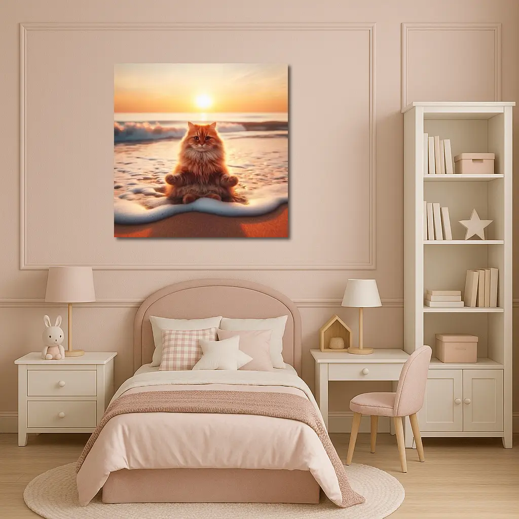 Orange Cat Meditating On Sunset Beach – Wall Art