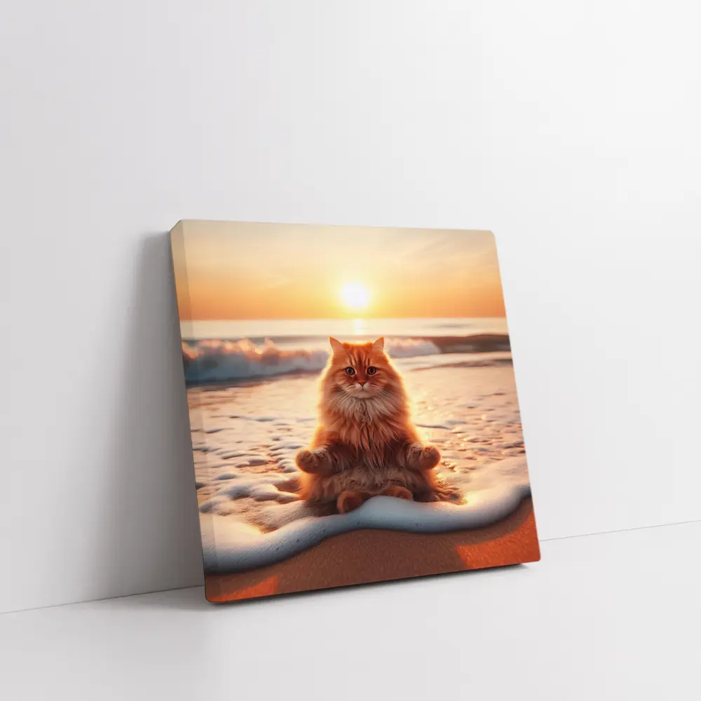 Orange Cat Meditating On Sunset Beach – Wall Art