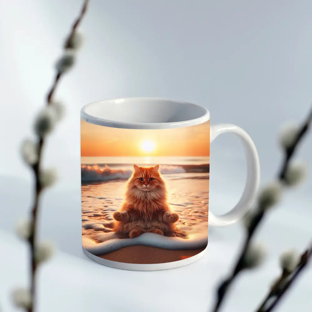 Orange Cat Meditating On Sunset Beach – Mugs