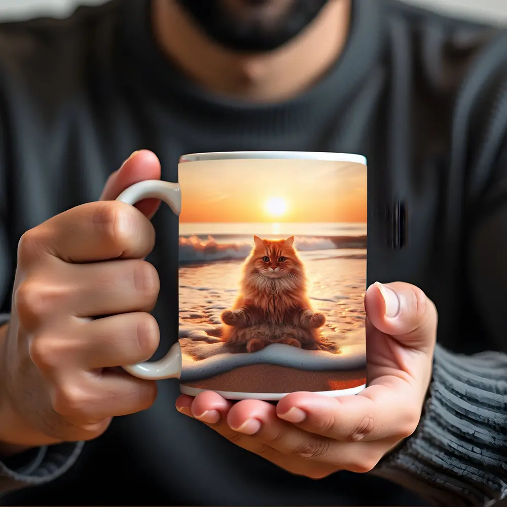 Orange Cat Meditating On Sunset Beach – Mugs