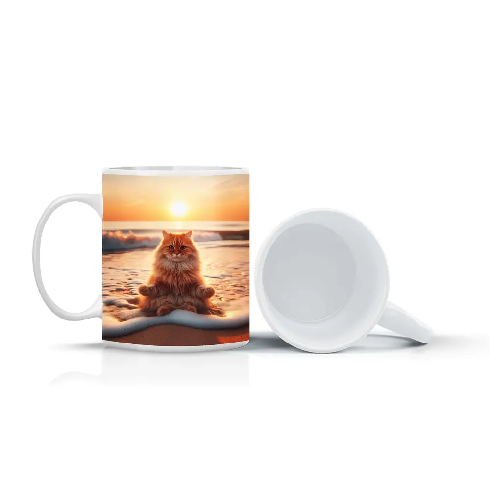 Orange Cat Meditating On Sunset Beach – Mugs