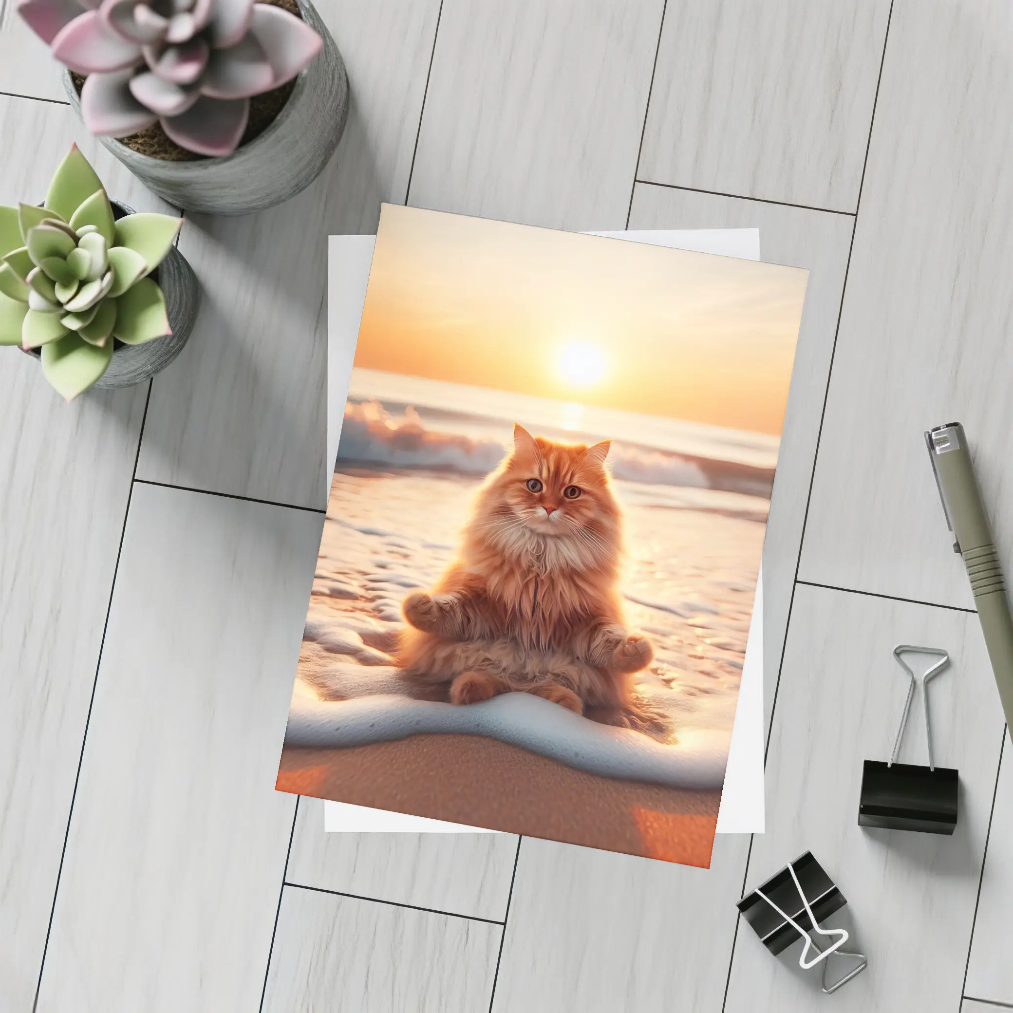 Orange Cat Meditating On Sunset Beach – Postcards