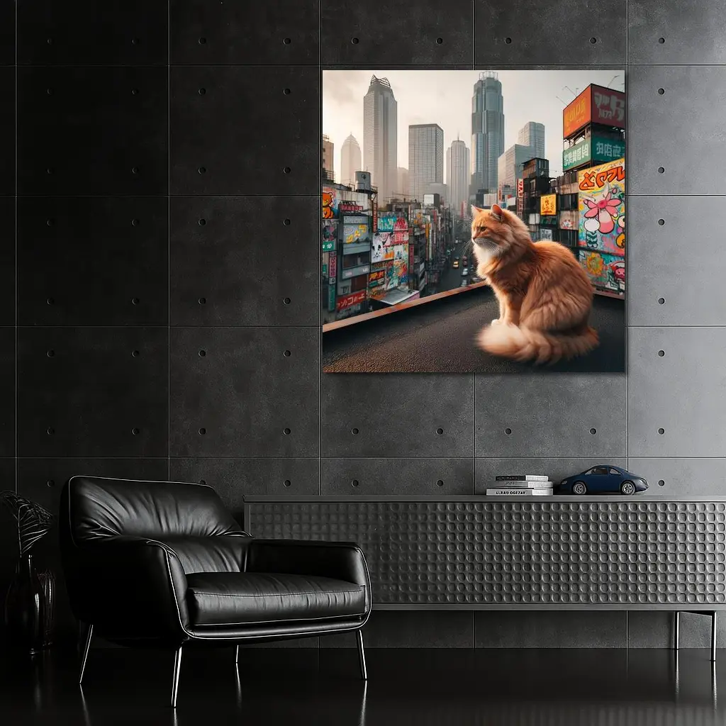 Orange Cat Sitting Over Tokyo City – Wall Art