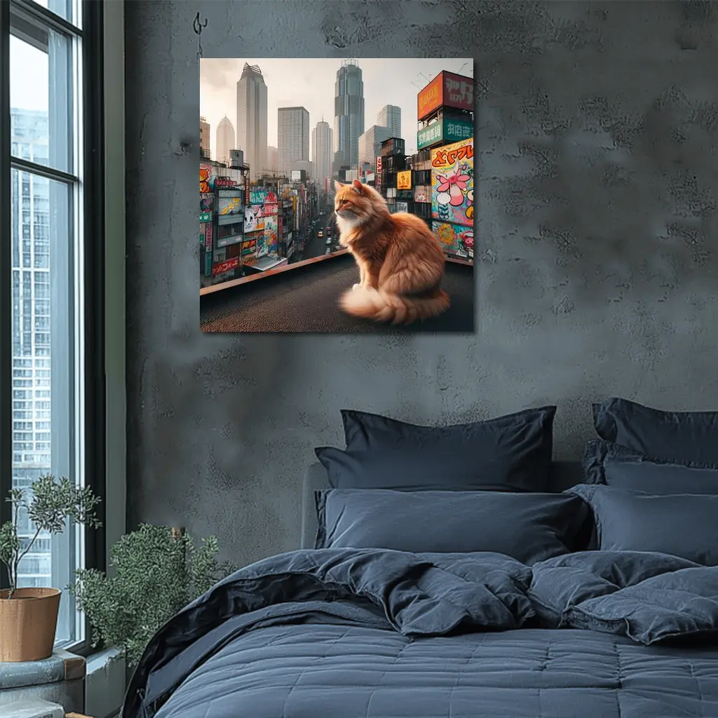 Orange Cat Sitting Over Tokyo City – Wall Art