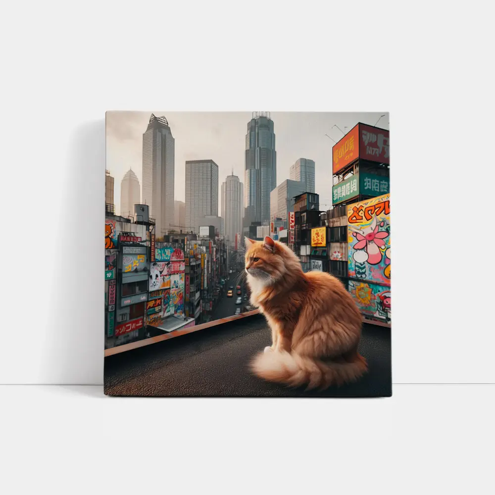 Orange Cat Sitting Over Tokyo City – Wall Art