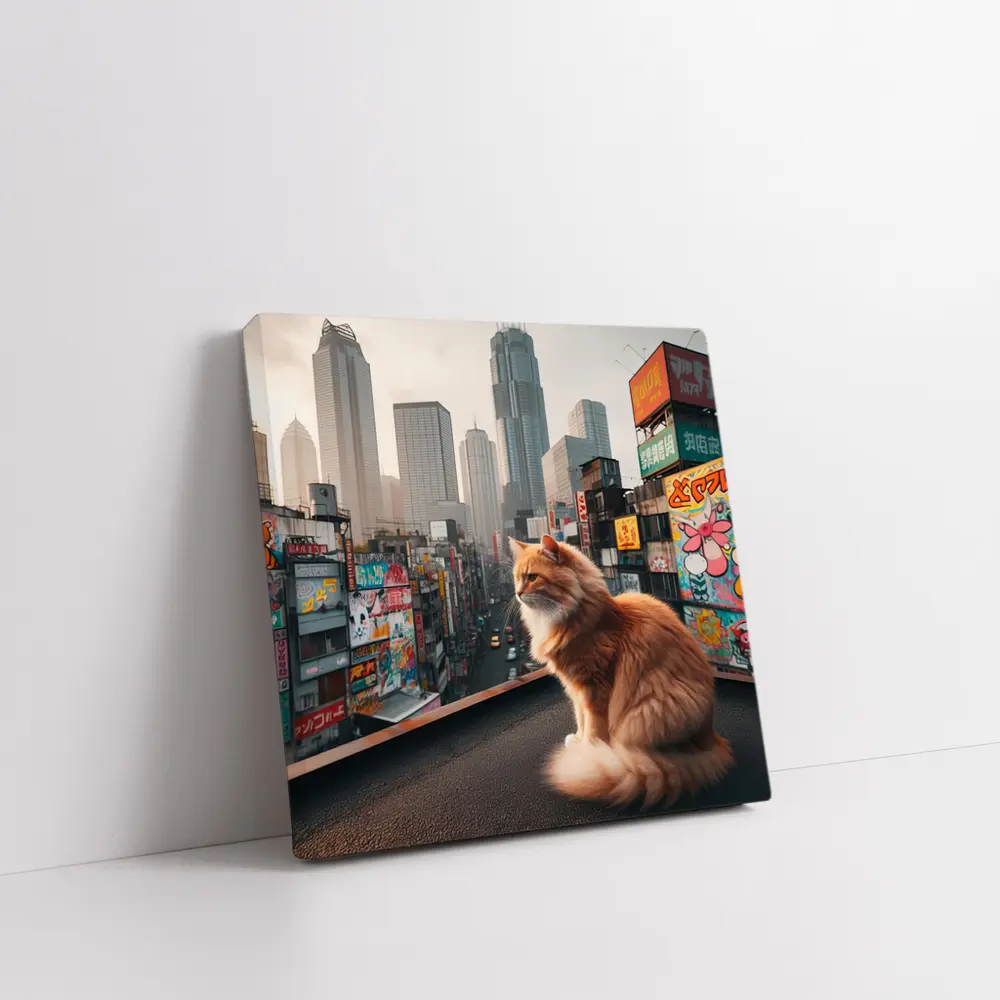 Orange Cat Sitting Over Tokyo City – Wall Art