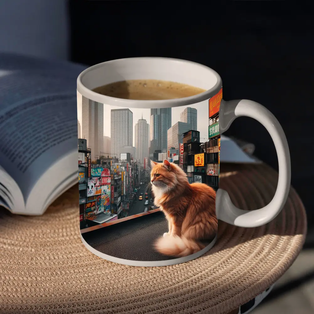 Orange Cat Sitting Over Tokyo City – Mugs
