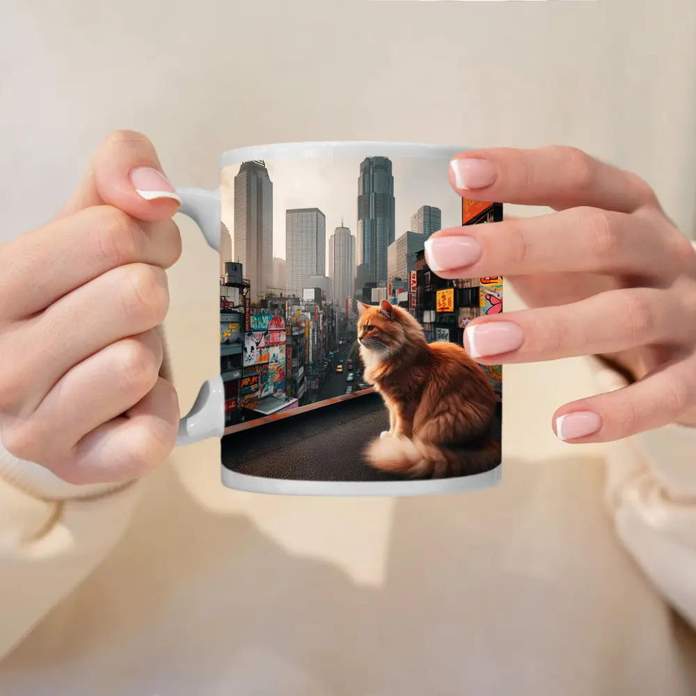 Orange Cat Sitting Over Tokyo City – Mugs