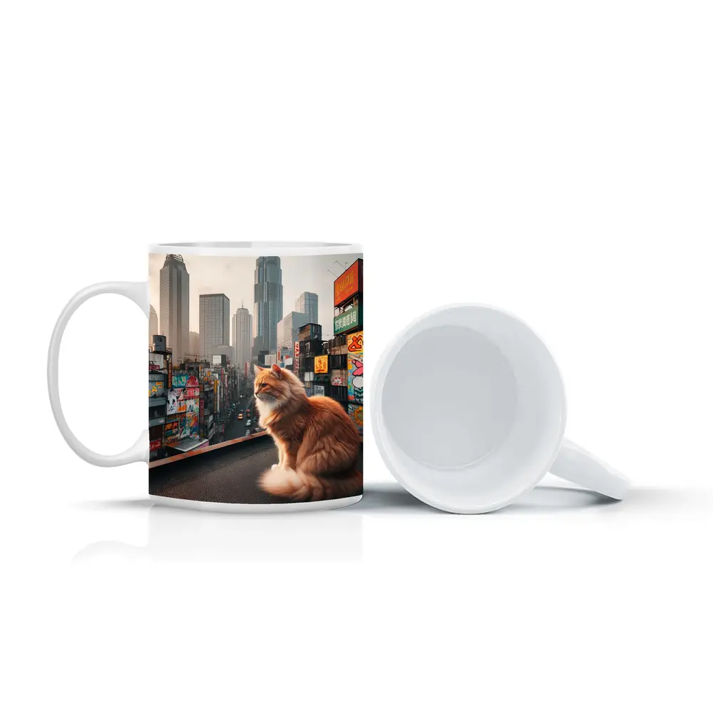 Orange Cat Sitting Over Tokyo City – Mugs