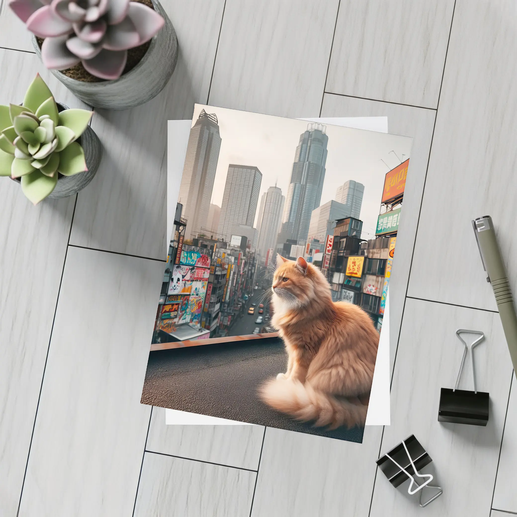 Orange Cat Sitting Over Tokyo City – Postcards