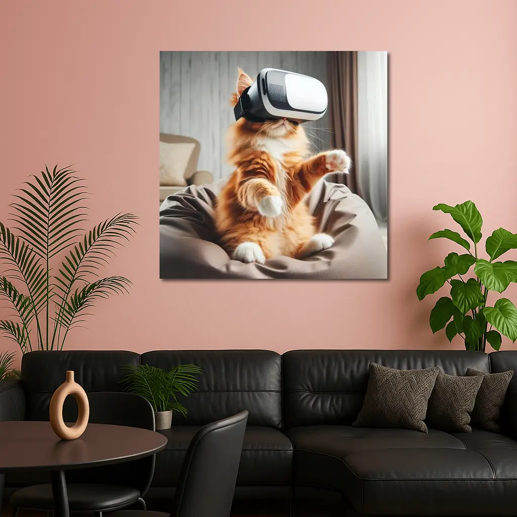 Orange Cat Wearing VR Headset Indoors – Wall Art