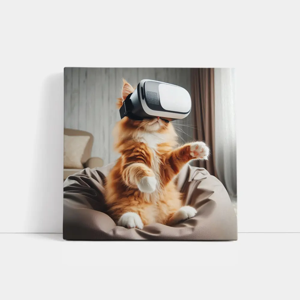 Orange Cat Wearing VR Headset Indoors – Wall Art