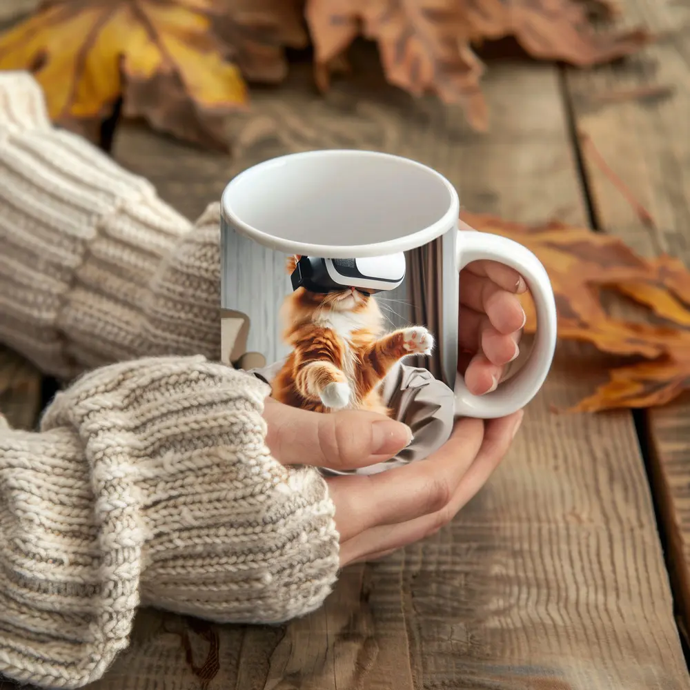 Orange Cat Wearing VR Headset Indoors – Mugs