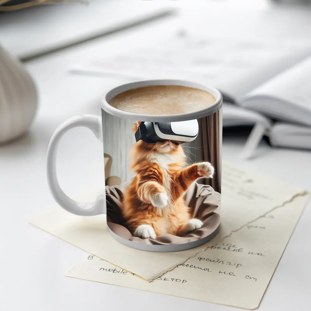 Orange Cat Wearing VR Headset Indoors – Mugs