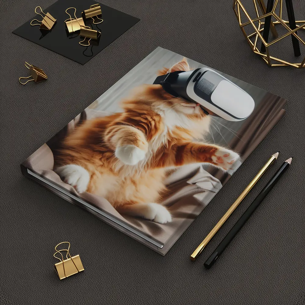 Orange Cat Wearing VR Headset Indoors – Notebooks