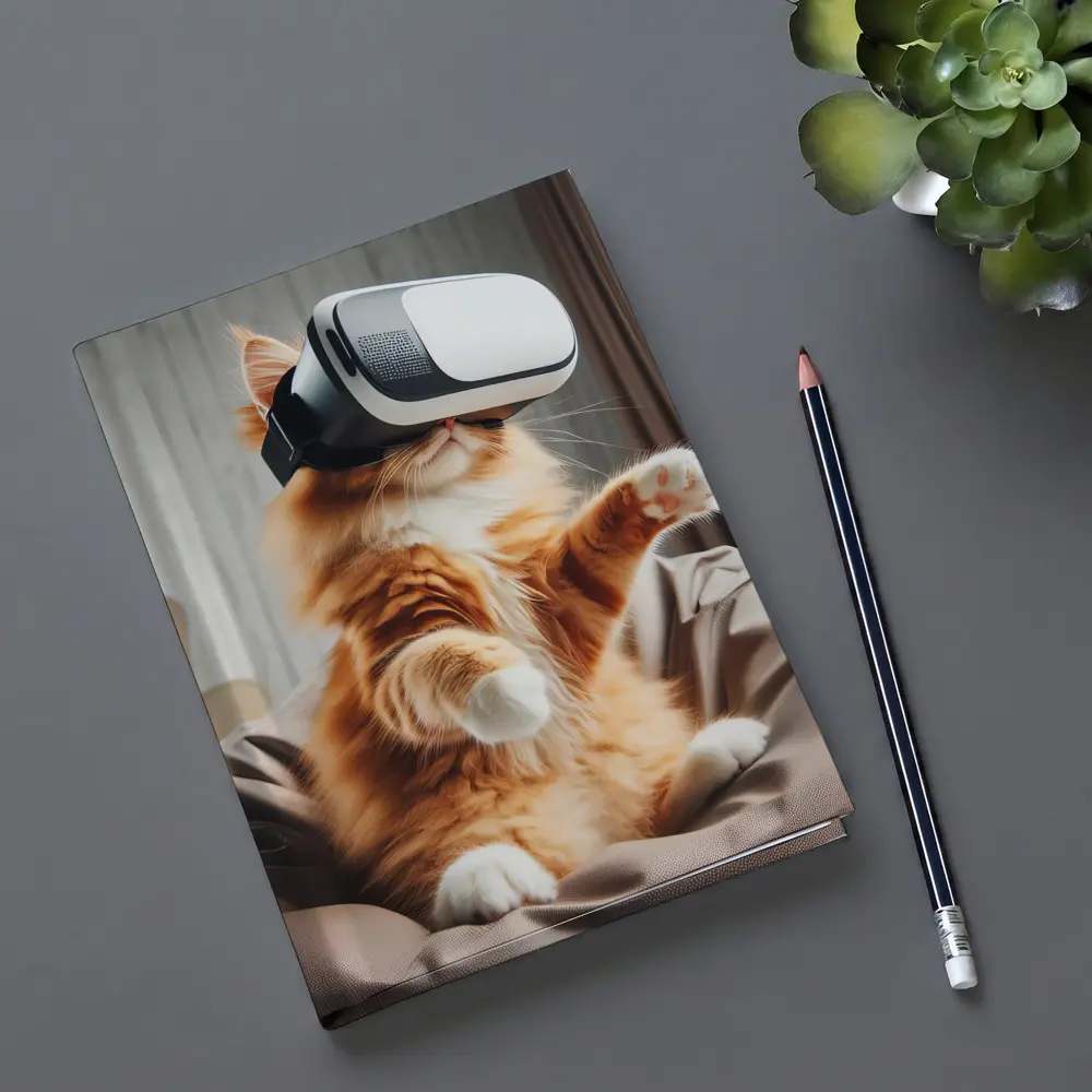 Orange Cat Wearing VR Headset Indoors – Notebooks