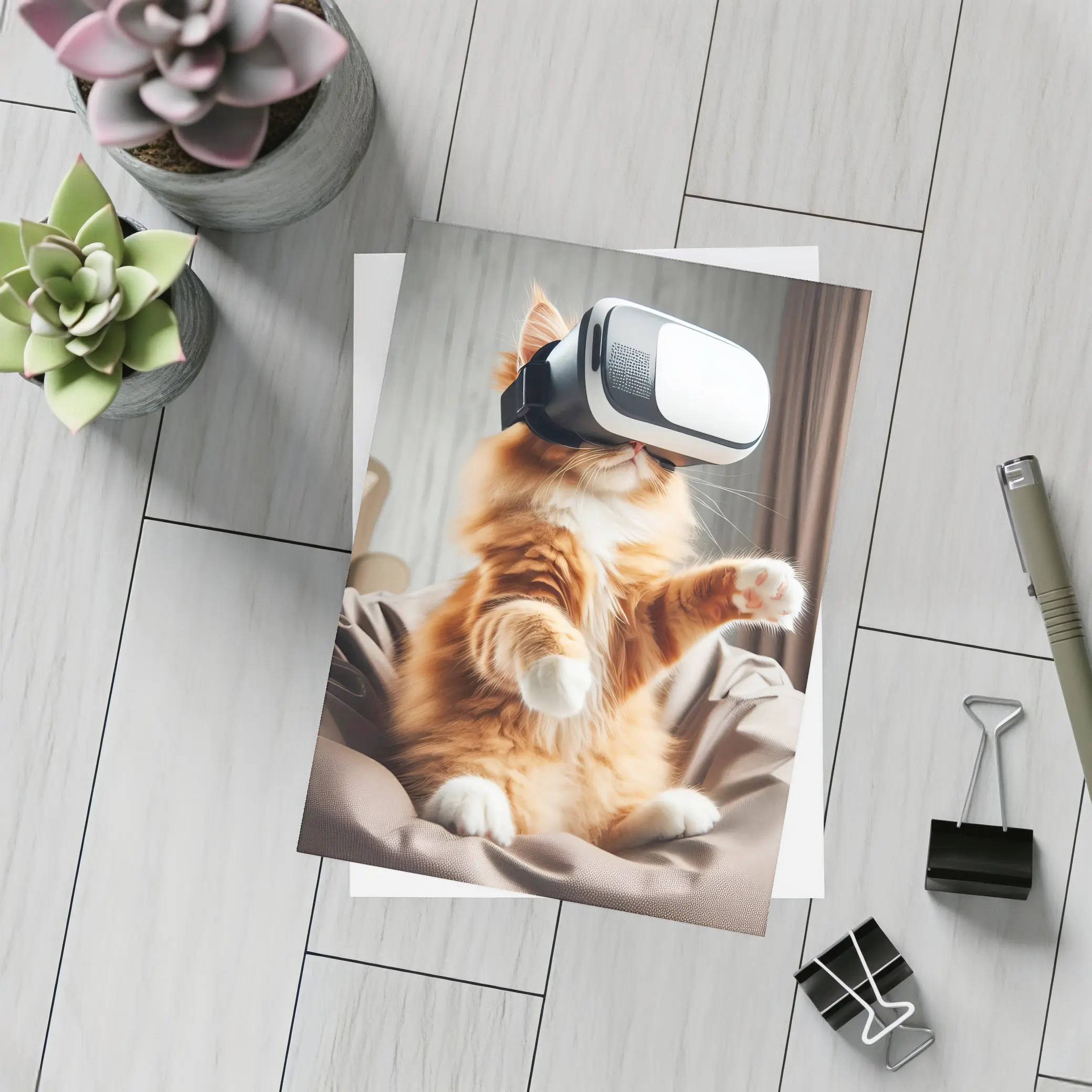 Orange Cat Wearing VR Headset Indoors – Postcards