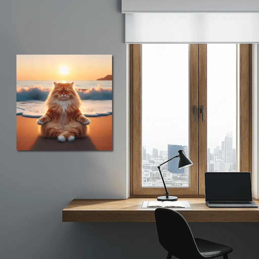 Fluffy Orange Cat Meditating Beach Sunset – Wall Art
