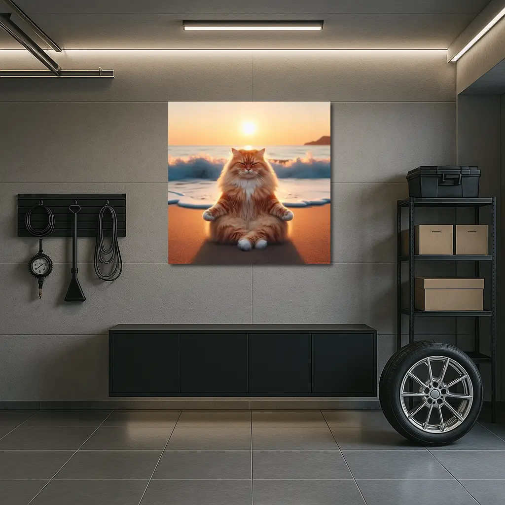 Fluffy Orange Cat Meditating Beach Sunset – Wall Art