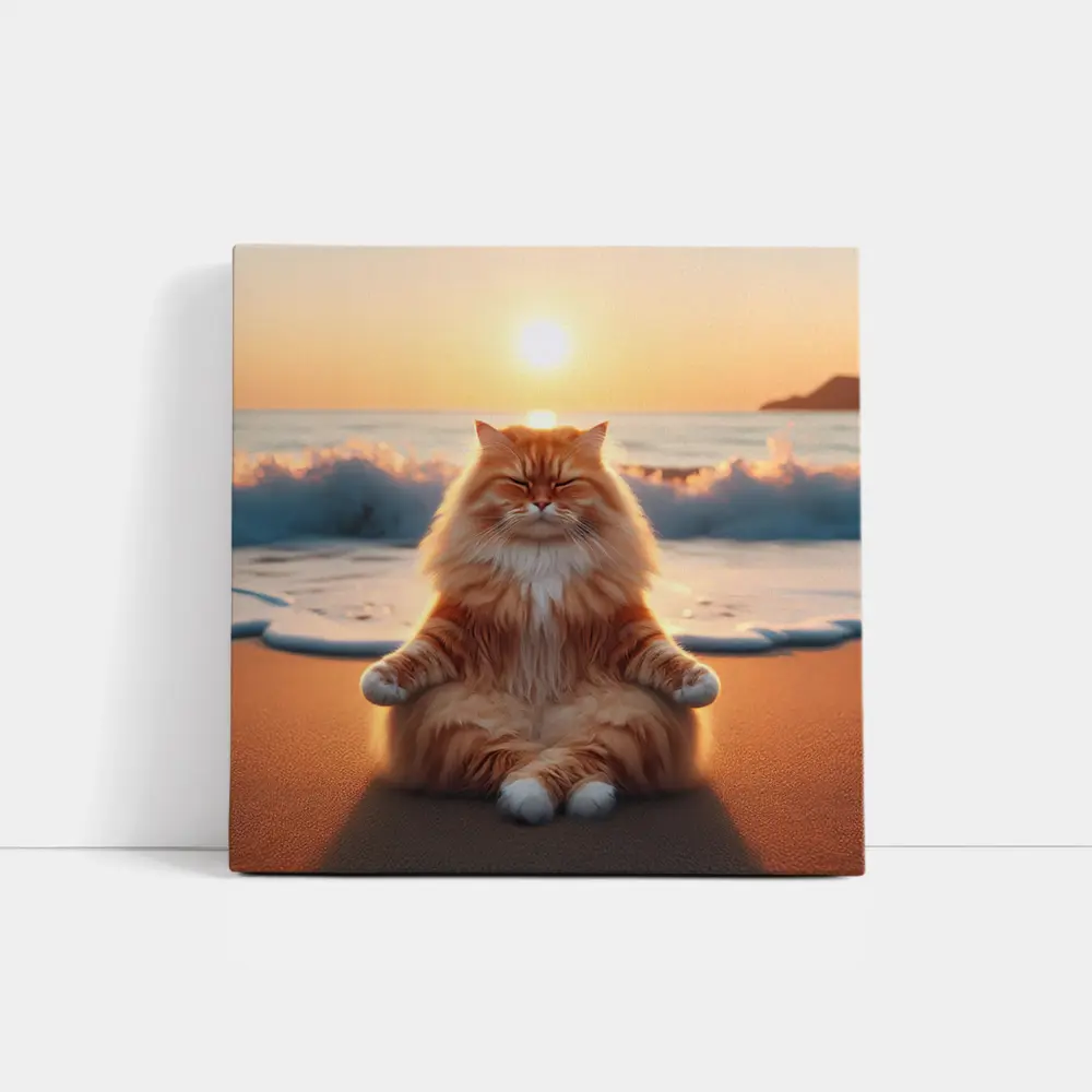 Fluffy Orange Cat Meditating Beach Sunset – Wall Art