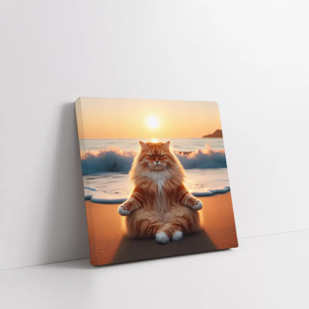Fluffy Orange Cat Meditating Beach Sunset – Wall Art
